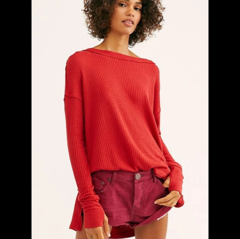 Free People We The Free North Shore Thermal Boat Neck Tee Phoenix Red Siz XS NWT - Picture 13 of 13